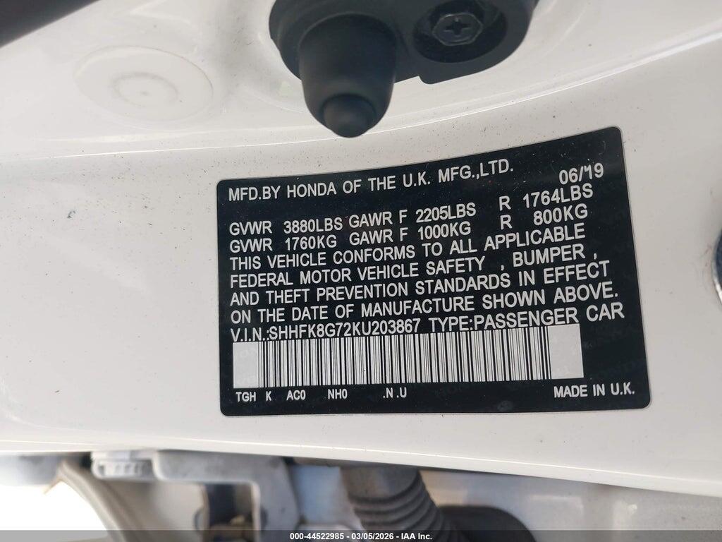 SHHFK8G72KU203867 2019 HONDA CIVIC TYPE R photo no. 9