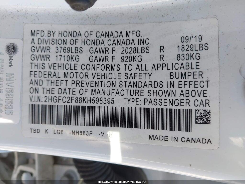 2HGFC2F88KH598395 2019 HONDA CIVIC photo no. 9