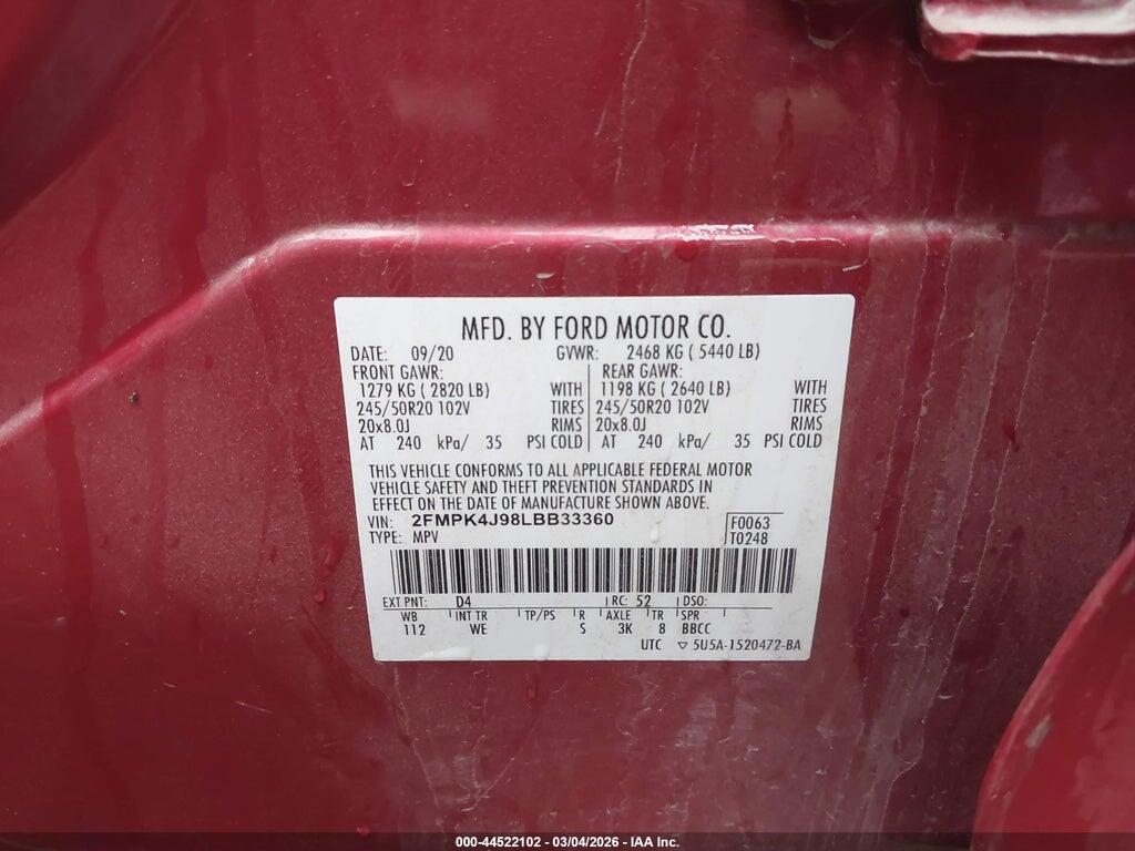 2FMPK4J98LBB33360 2020 FORD EDGE photo no. 9