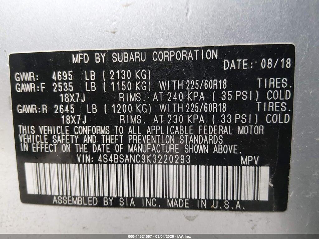 4S4BSANC9K3220293 2019 SUBARU OUTBACK photo no. 9