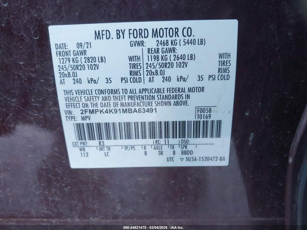 2FMPK4K91MBA63491 2021 FORD EDGE photo no. 9