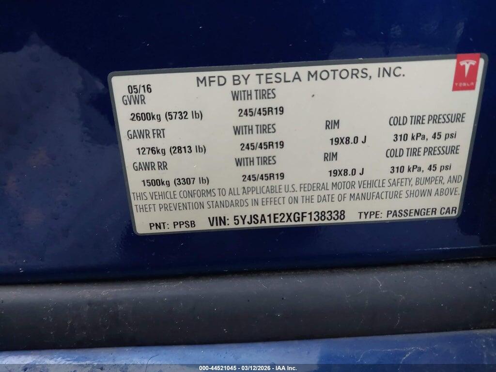 5YJSA1E2XGF138338 2016 TESLA MODEL S photo no. 9