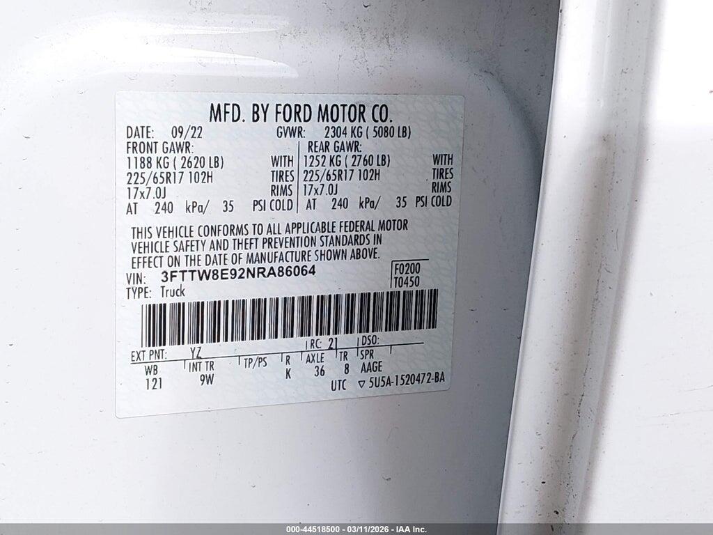 3FTTW8E92NRA86064 2022 FORD MAVERICK photo no. 9