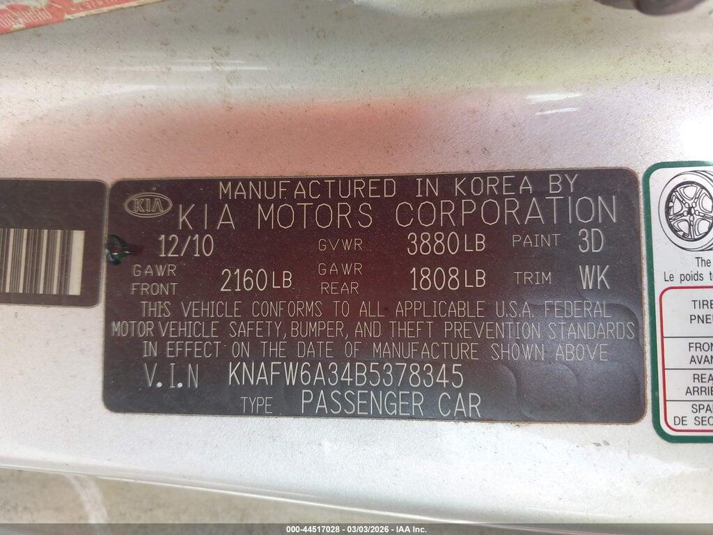 KNAFW6A34B5378345 2011 KIA FORTE KOUP photo no. 9