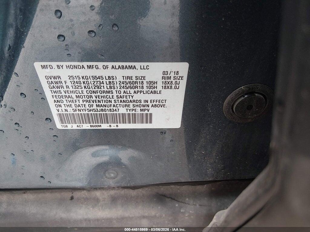 5FNYF5H53JB018347 2018 HONDA PILOT photo no. 9