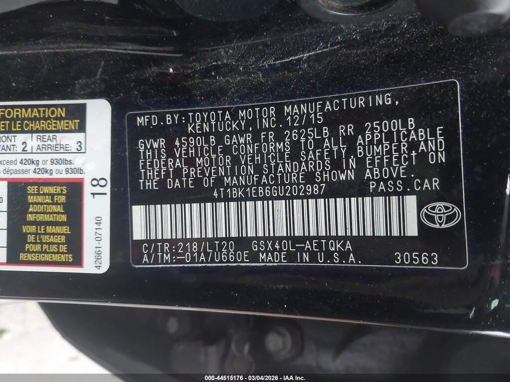 4T1BK1EB6GU202987 2016 TOYOTA AVALON photo no. 9