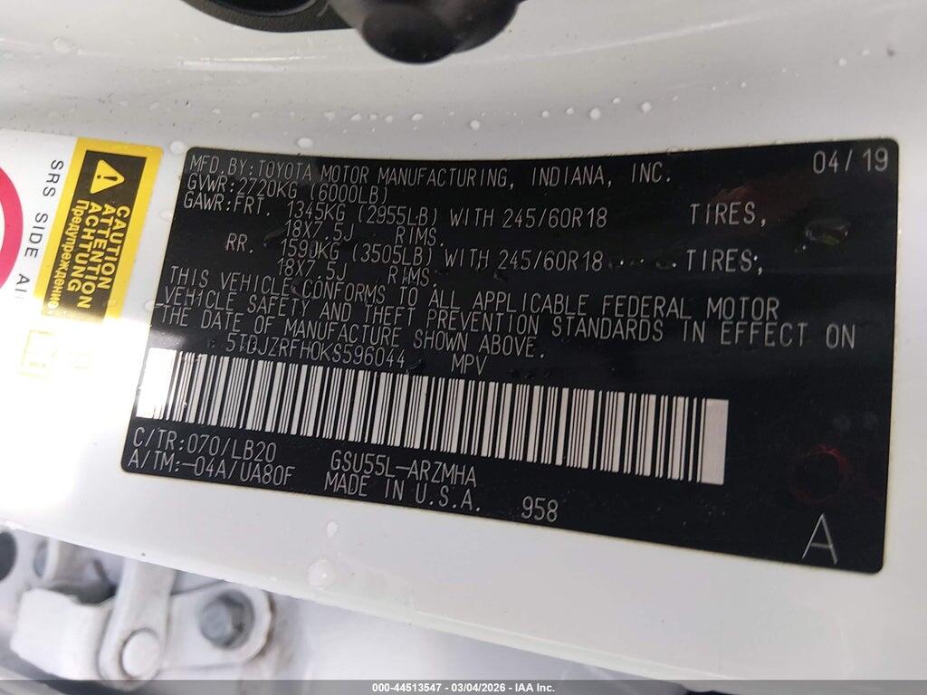 5TDJZRFH0KS596044 2019 TOYOTA HIGHLANDER photo no. 9