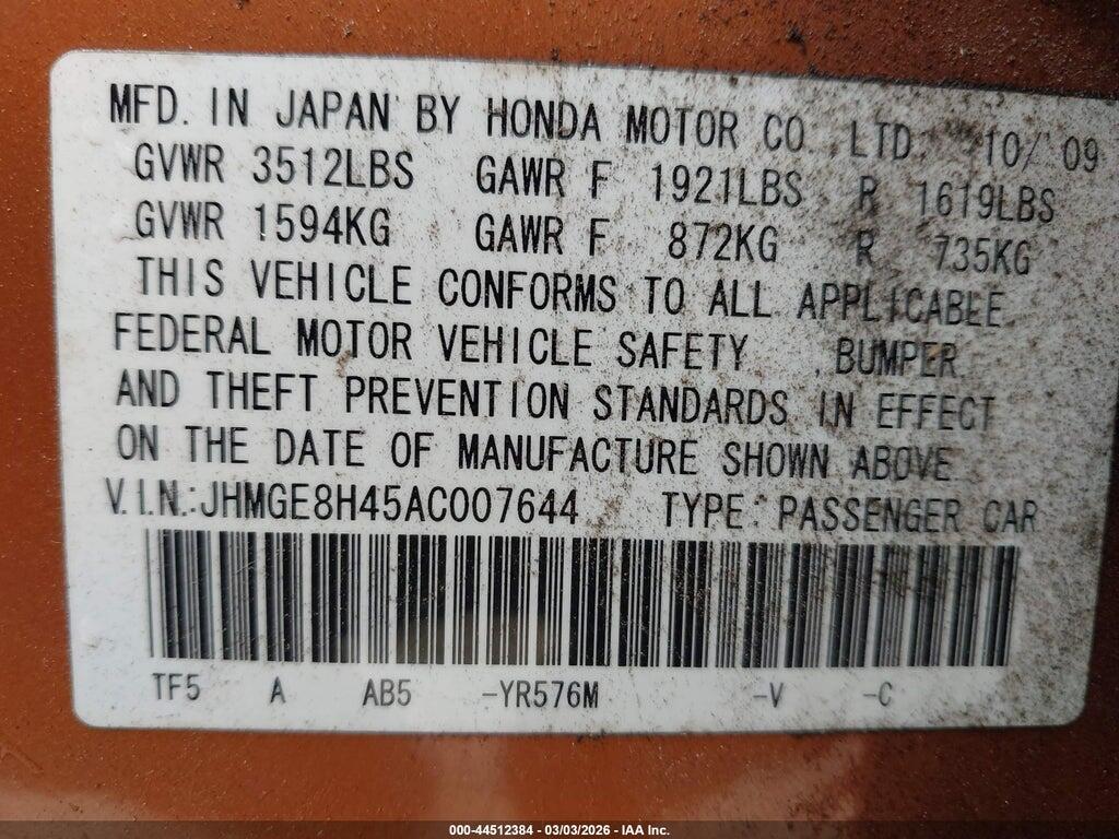 JHMGE8H45AC007644 2010 HONDA FIT photo no. 9