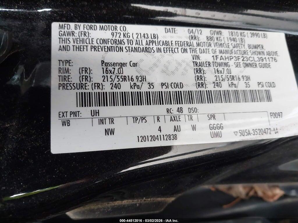 1FAHP3F23CL391176 2012 FORD FOCUS photo no. 9