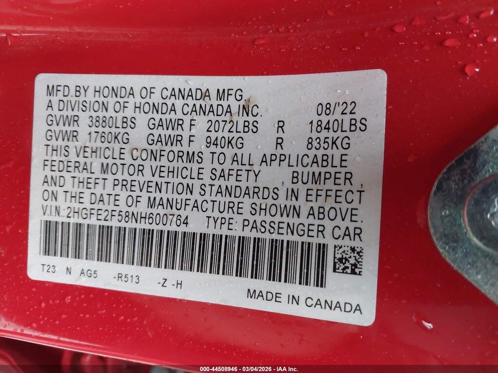2HGFE2F58NH600764 2022 HONDA CIVIC photo no. 9