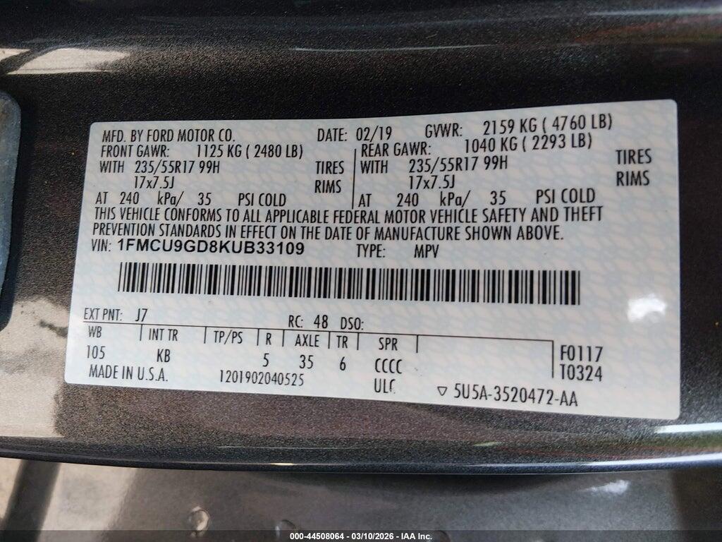1FMCU9GD8KUB33109 2019 FORD ESCAPE photo no. 9