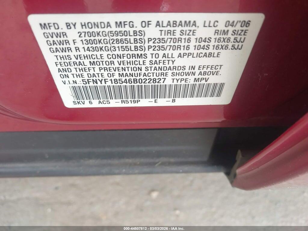 5FNYF18546B022827 2006 HONDA PILOT photo no. 9