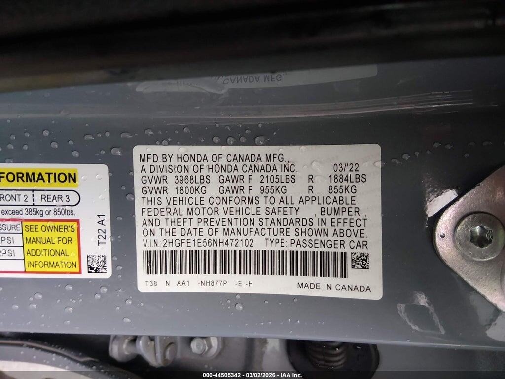 2HGFE1E56NH472102 2022 HONDA CIVIC SI photo no. 9