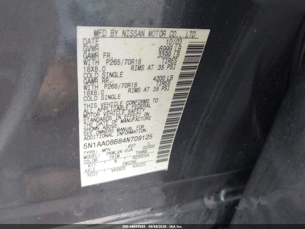 5N1AA08B84N709125 2004 NISSAN PATHFINDER ARMADA photo no. 9