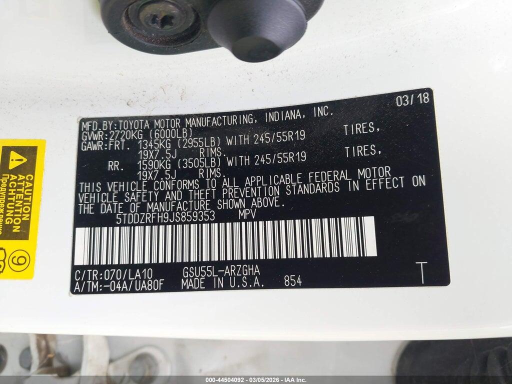 5TDDZRFH9JS859353 2018 TOYOTA HIGHLANDER photo no. 9