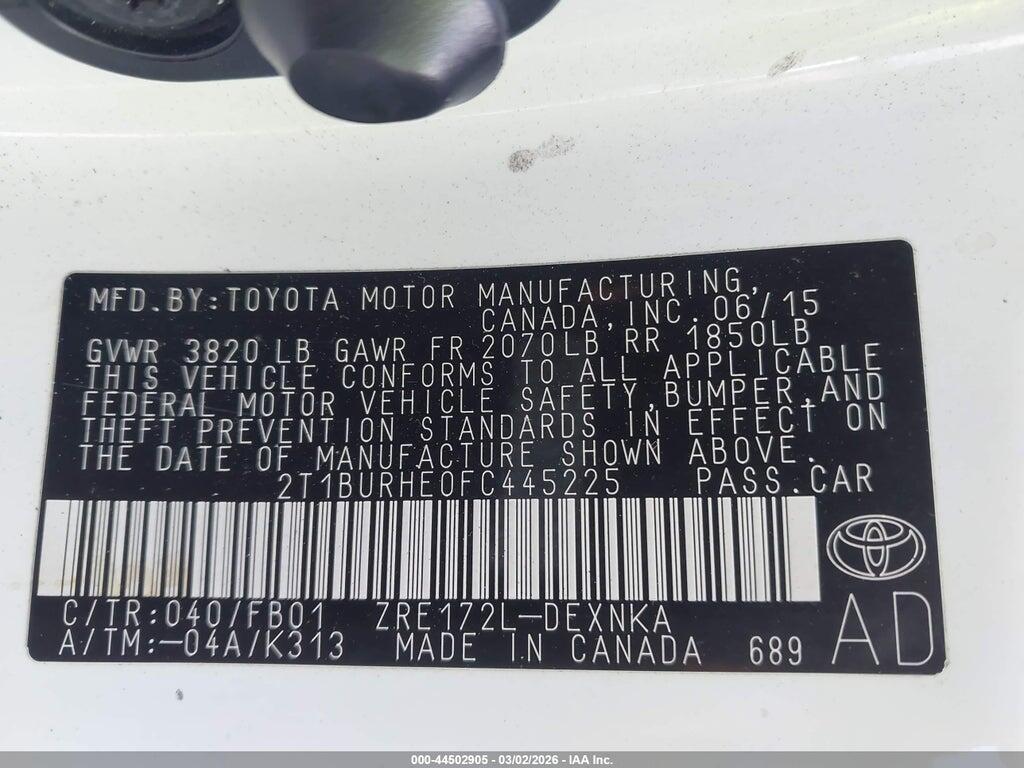 2T1BURHE0FC445225 2015 TOYOTA COROLLA photo no. 9
