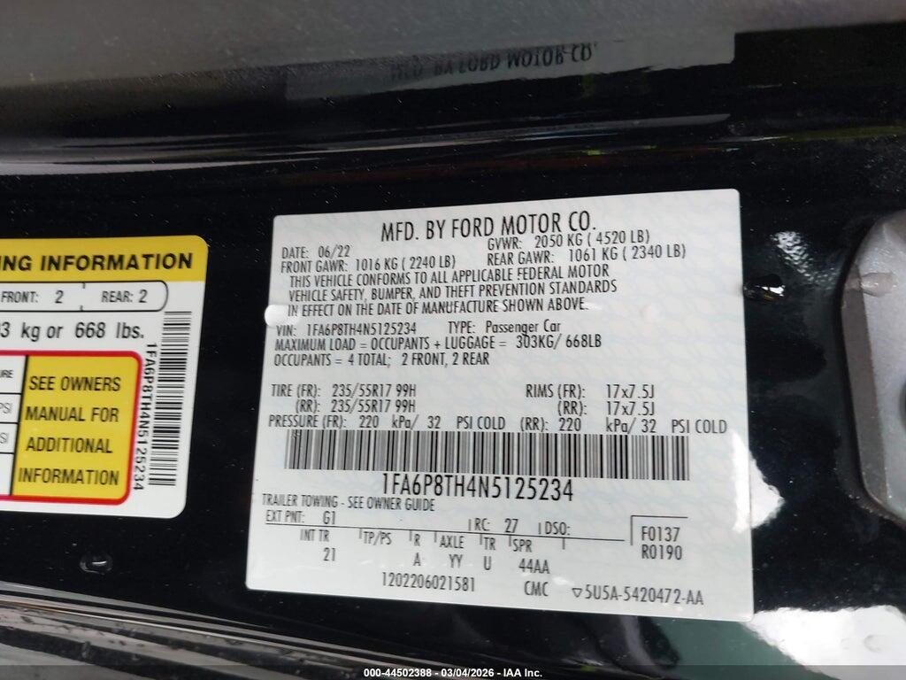 1FA6P8TH4N5125234 2022 FORD MUSTANG photo no. 9