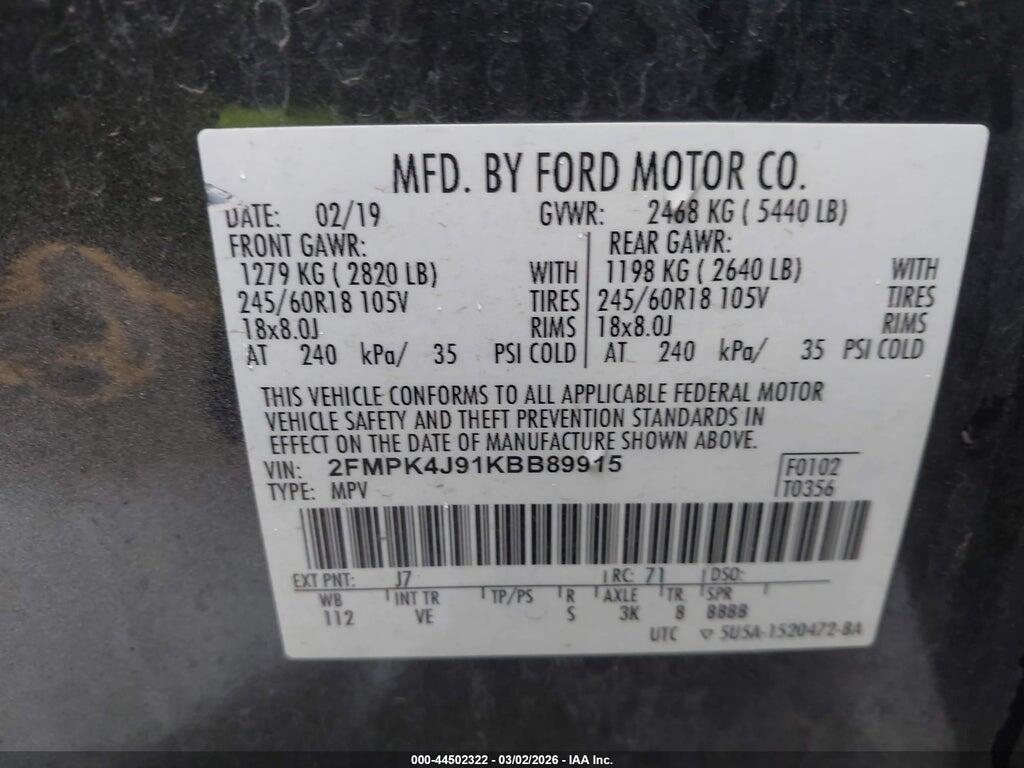 2FMPK4J91KBB89915 2019 FORD EDGE photo no. 9