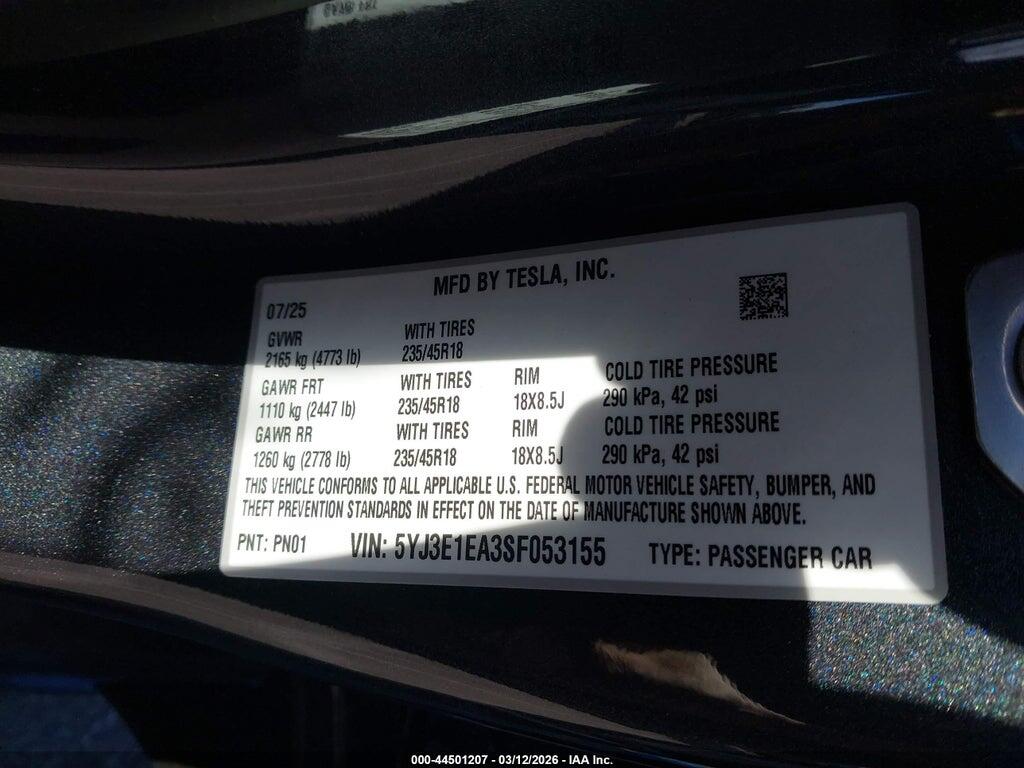 5YJ3E1EA3SF053155 2025 TESLA MODEL 3 photo no. 9