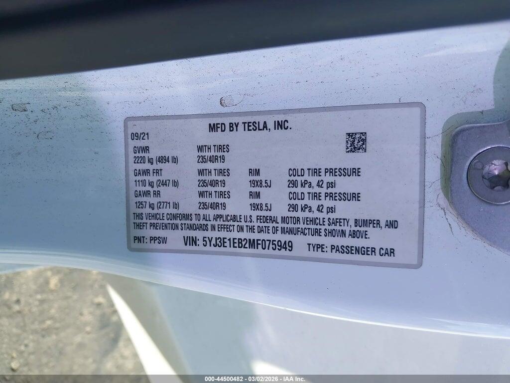 5YJ3E1EB2MF075949 2021 TESLA MODEL 3 photo no. 9