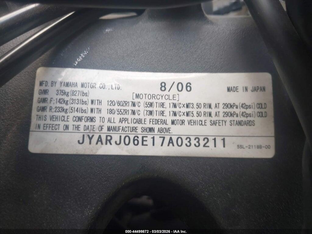 JYARJ06E17A033211 2007 YAMAHA YZFR6 photo no. 10