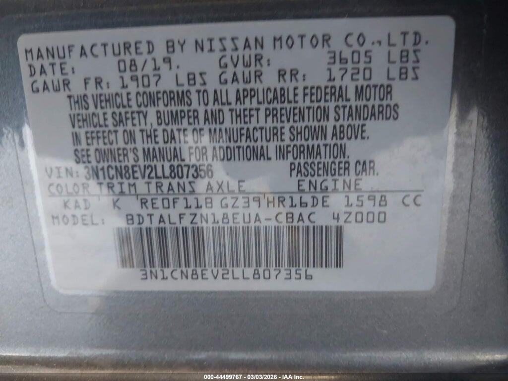 3N1CN8EV2LL807356 2020 NISSAN VERSA photo no. 9