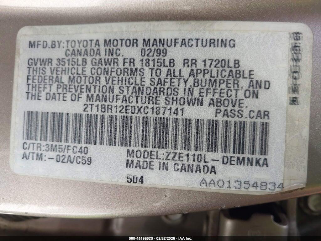 2T1BR12E0XC187141 1999 TOYOTA COROLLA photo no. 9