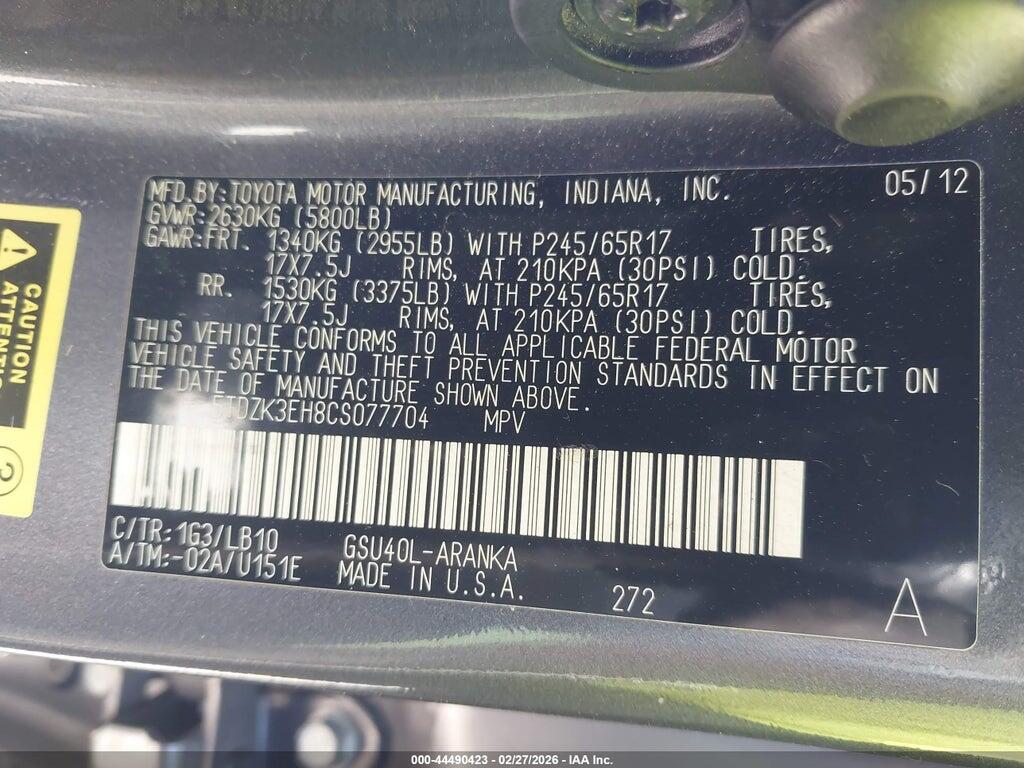 5TDZK3EH8CS077704 2012 TOYOTA HIGHLANDER photo no. 9