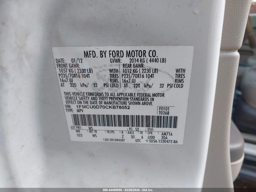 1FMCU0D70CKB78052 2012 FORD ESCAPE photo no. 9