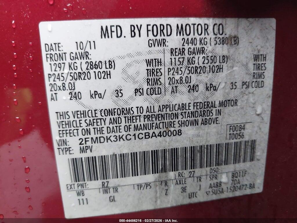 2FMDK3KC1CBA40008 2012 FORD EDGE photo no. 9