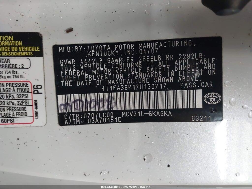 4T1FA38P17U130717 2007 TOYOTA CAMRY SOLARA photo no. 9