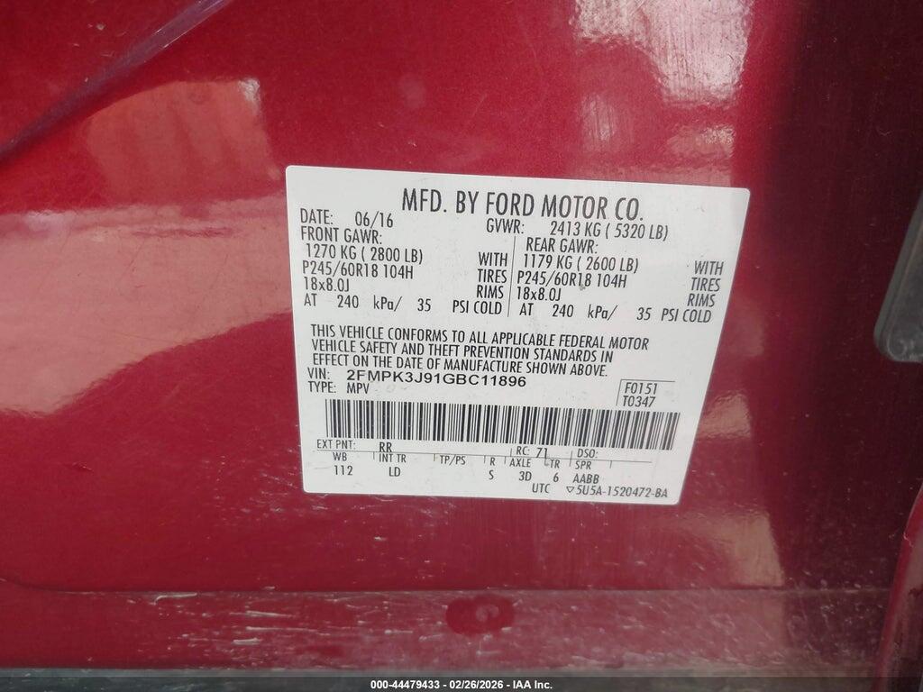 2FMPK3J91GBC11896 2016 FORD EDGE photo no. 9