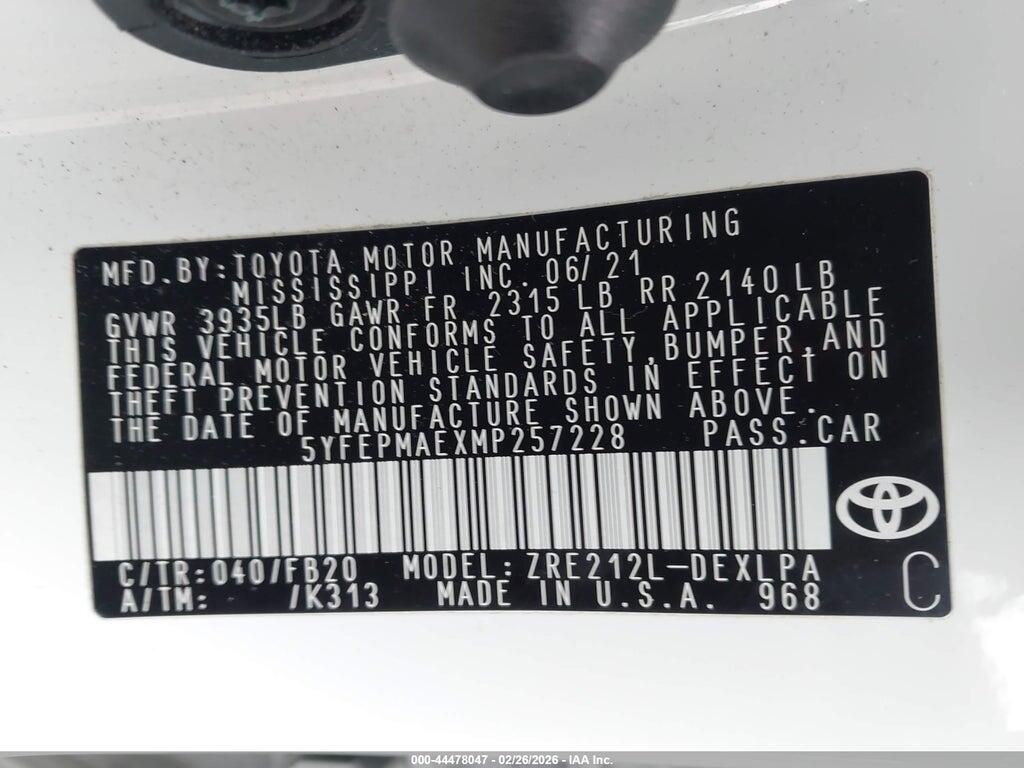 5YFEPMAEXMP257228 2021 TOYOTA COROLLA photo no. 9