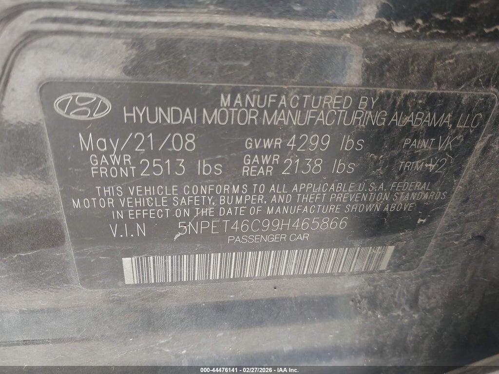5NPET46C99H465866 2009 HYUNDAI SONATA photo no. 9