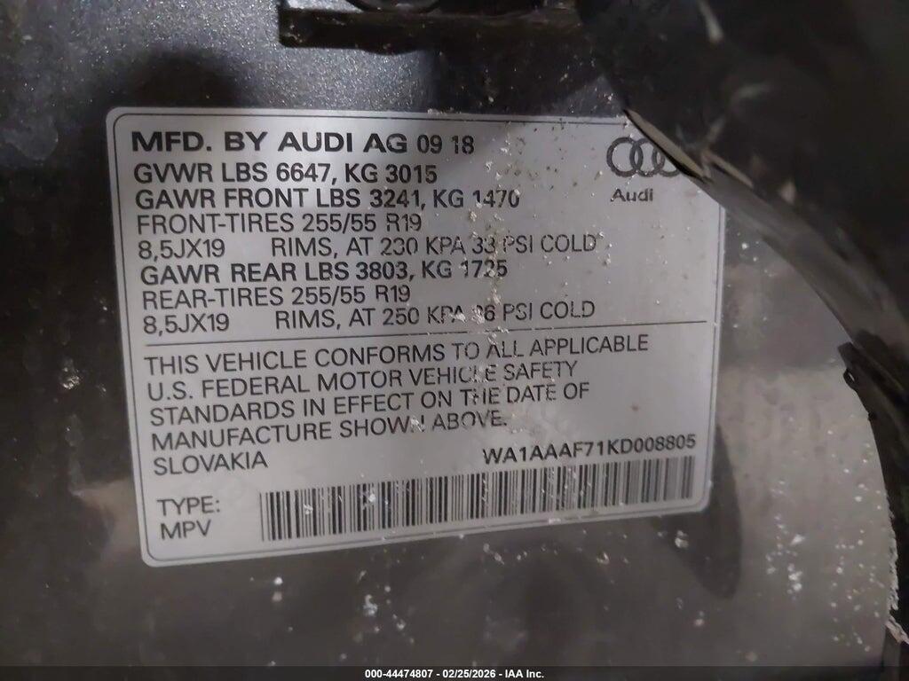WA1AAAF71KD008805 2019 AUDI Q7 photo no. 9