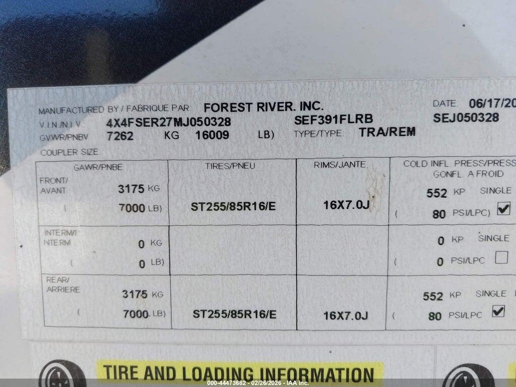 4X4FSER27MJ050328 2021 FOREST RIVER 391FLRB photo no. 9