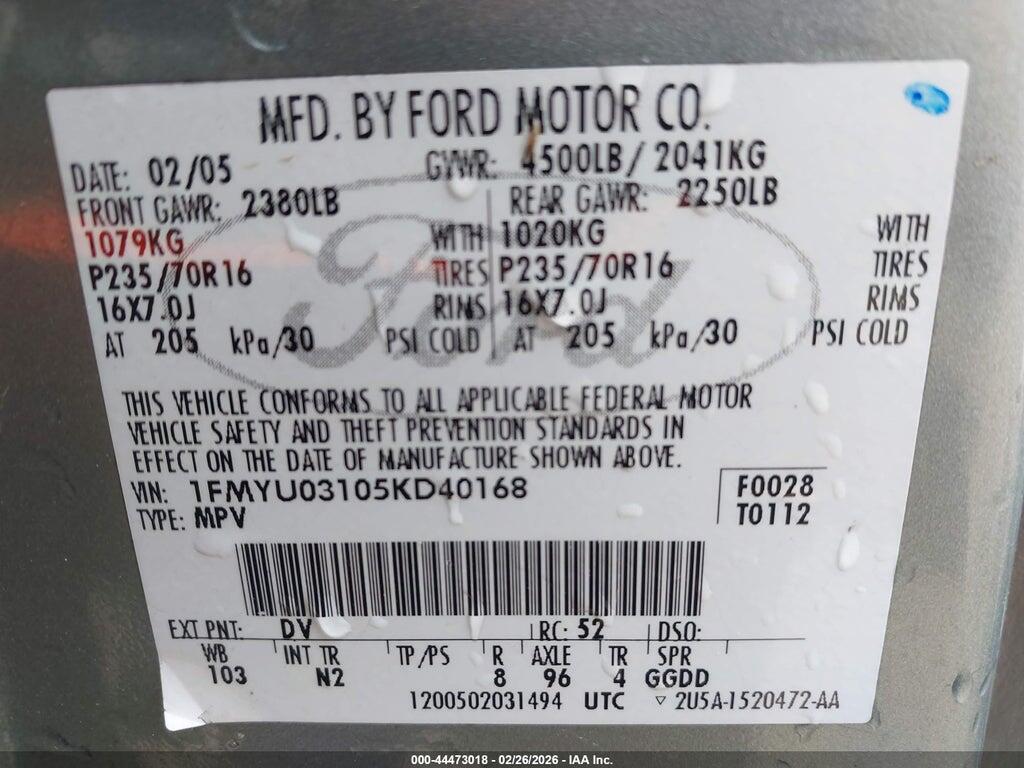 1FMYU03105KD40168 2005 FORD ESCAPE photo no. 9
