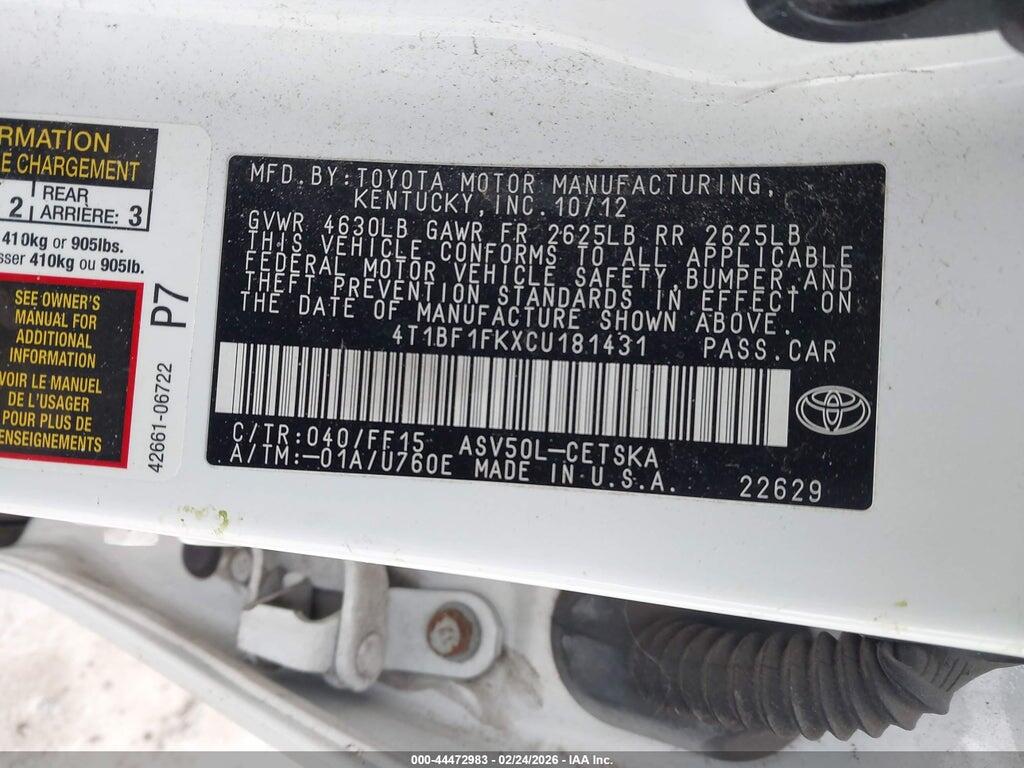 4T1BF1FKXCU181431 2012 TOYOTA CAMRY photo no. 9