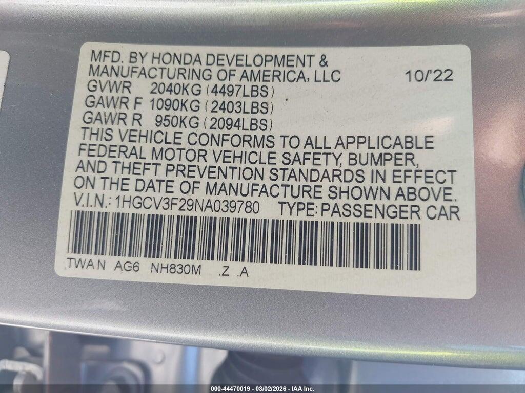 1HGCV3F29NA039780 2022 HONDA ACCORD HYBRID photo no. 9