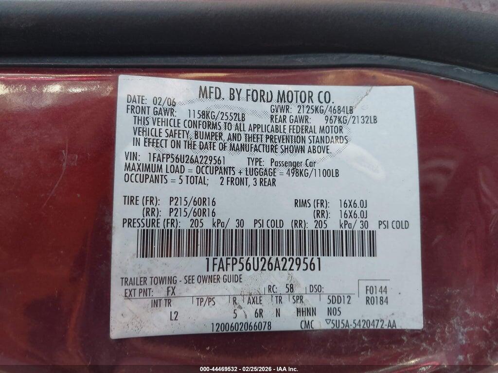 1FAFP56U26A229561 2006 FORD TAURUS photo no. 9