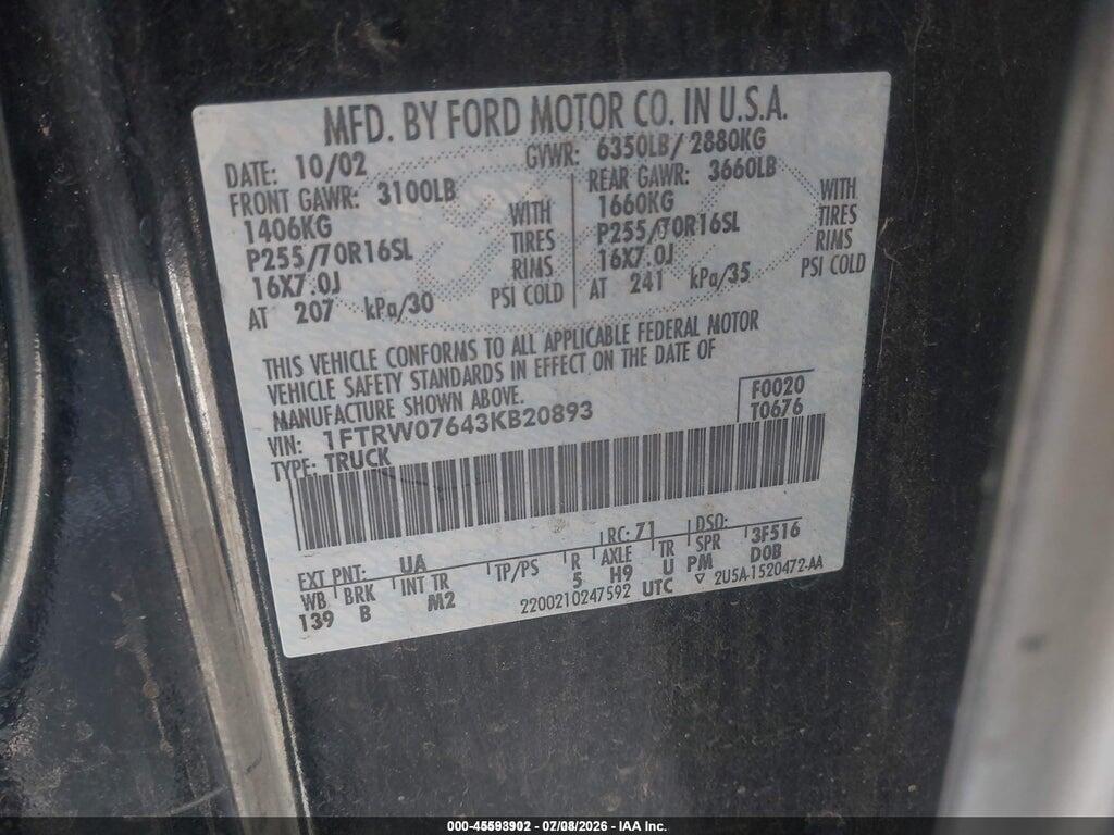 1FTRW07643KB20893 2003 FORD F-150 photo no. 9