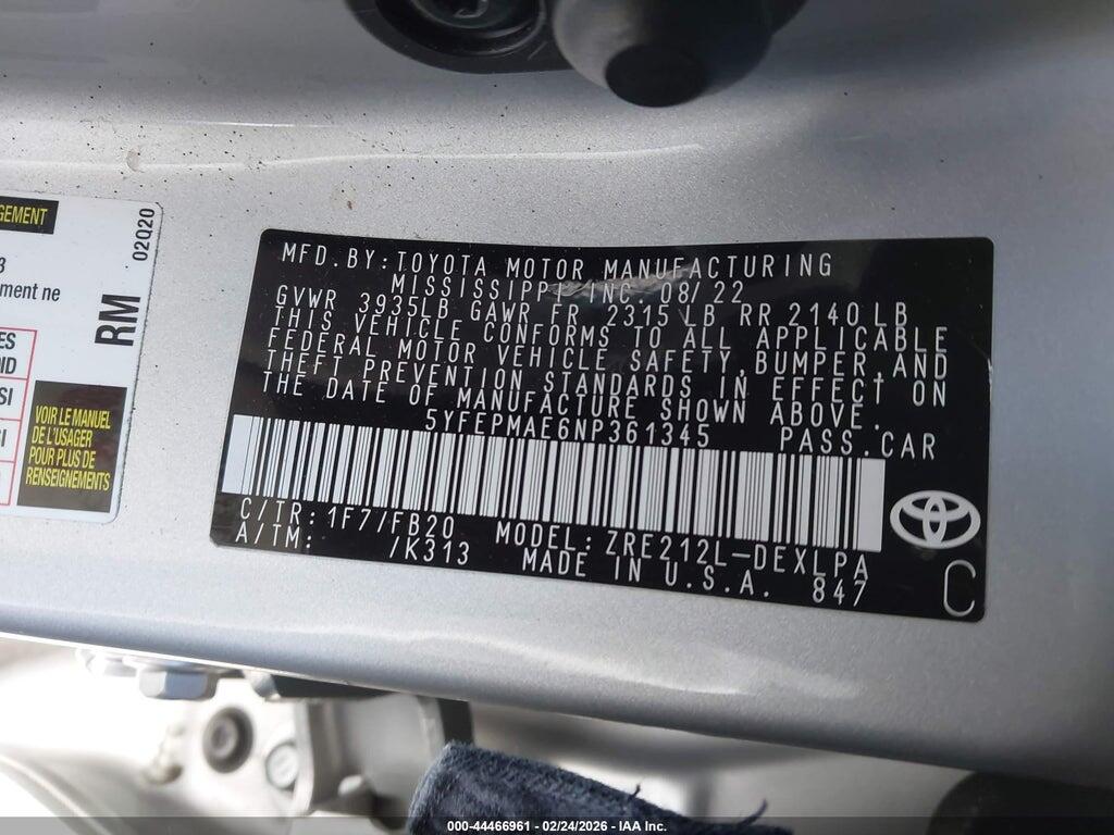 5YFEPMAE6NP361345 2022 TOYOTA COROLLA photo no. 9