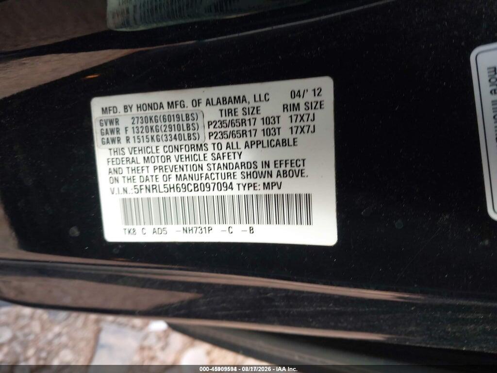 5FNRL5H69CB097094 2012 HONDA ODYSSEY photo no. 9