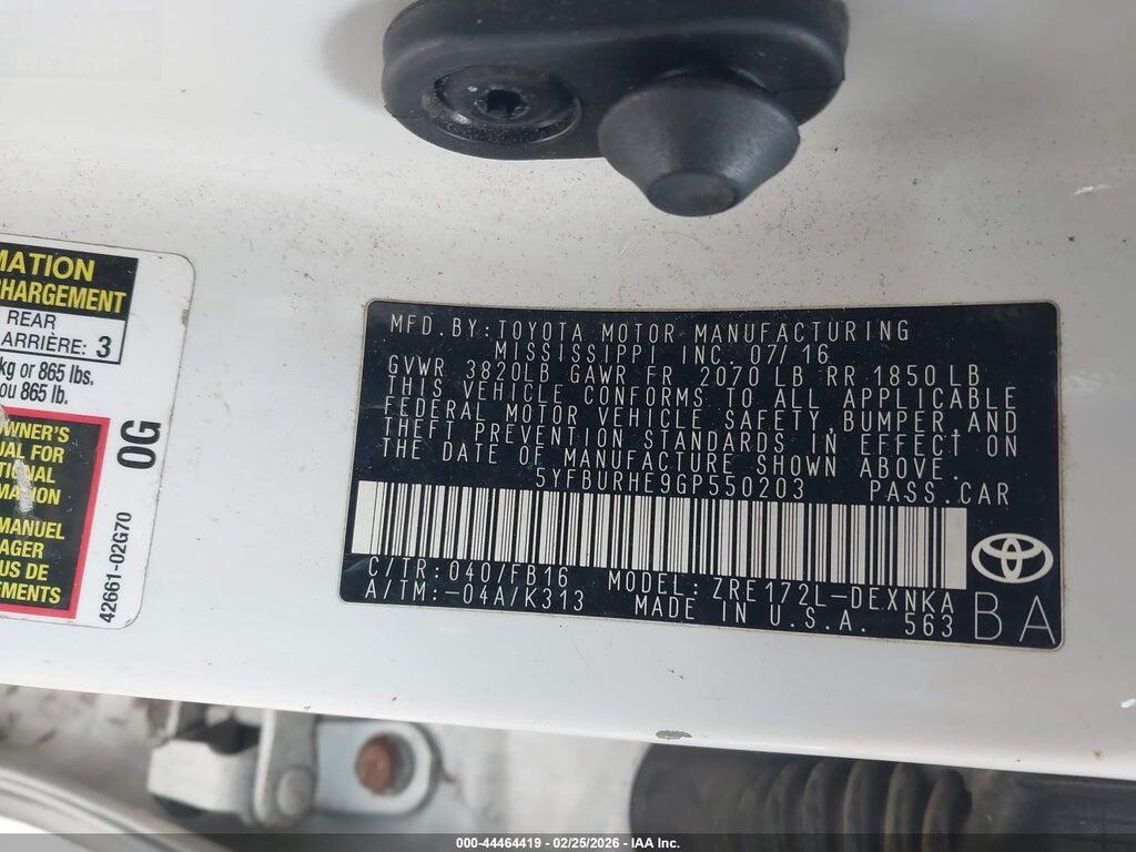 5YFBURHE9GP550203 2016 TOYOTA COROLLA photo no. 9