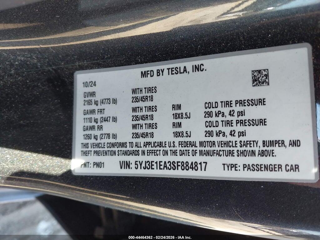 5YJ3E1EA3SF884817 2025 TESLA MODEL 3 photo no. 9