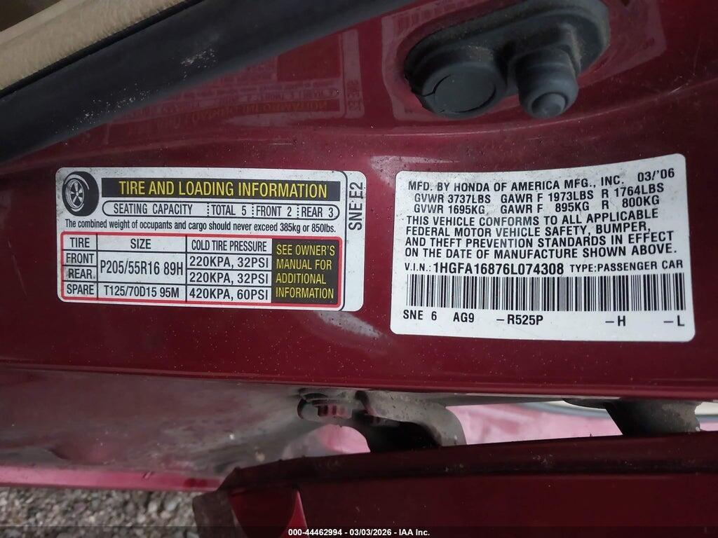 1HGFA16876L074308 2006 HONDA CIVIC photo no. 9