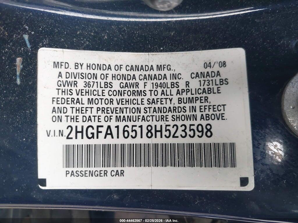 2HGFA16518H523598 2008 HONDA CIVIC SDN photo no. 9
