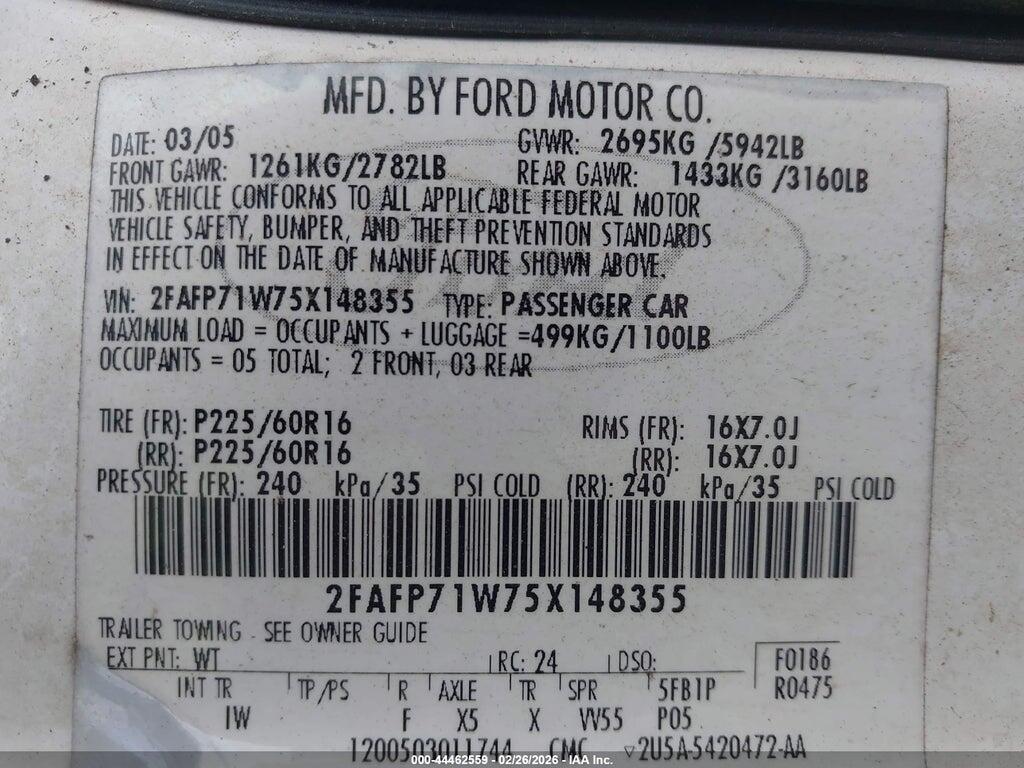 2FAFP71W75X148355 2005 FORD CROWN VICTORIA photo no. 9