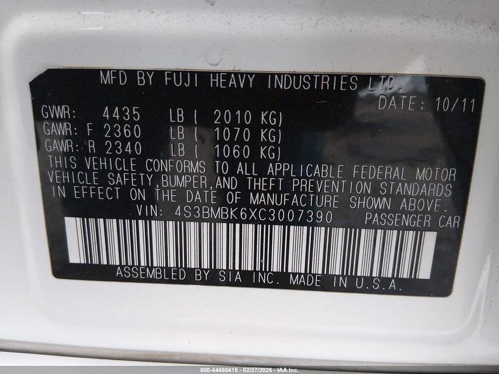 4S3BMBK6XC3007390 2012 SUBARU LEGACY photo no. 9