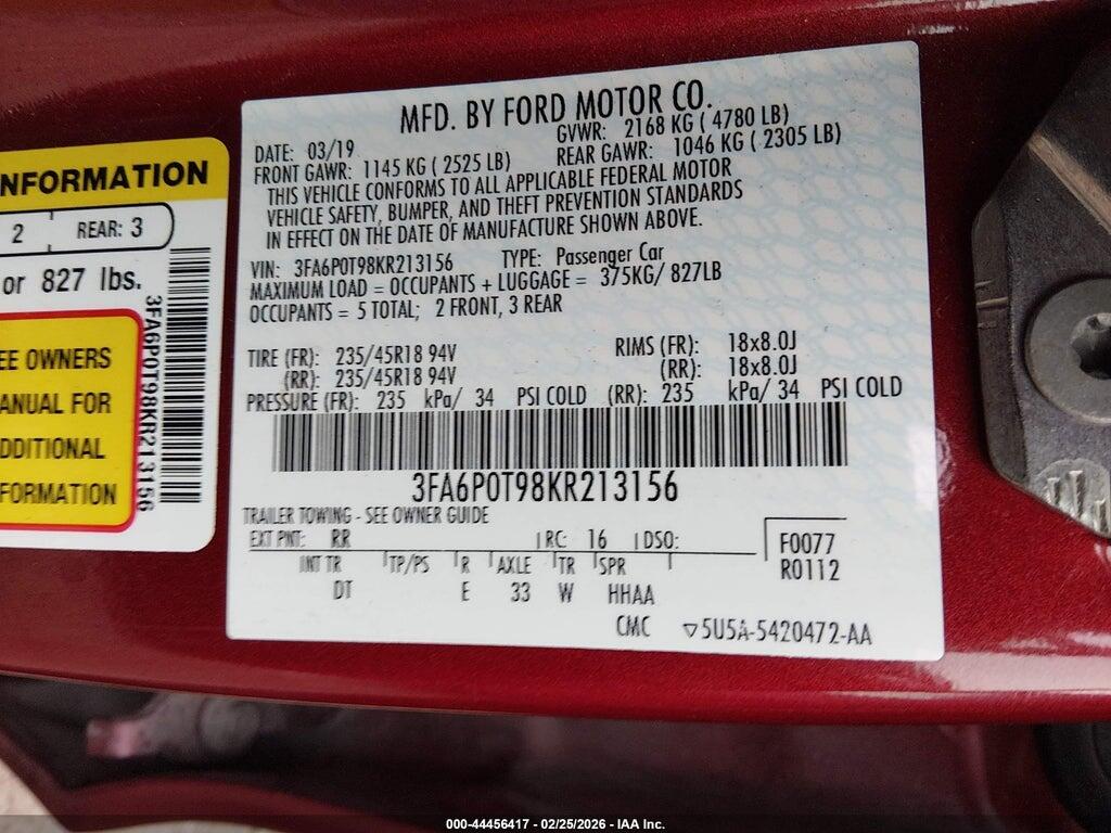 3FA6P0T98KR213156 2019 FORD FUSION photo no. 9